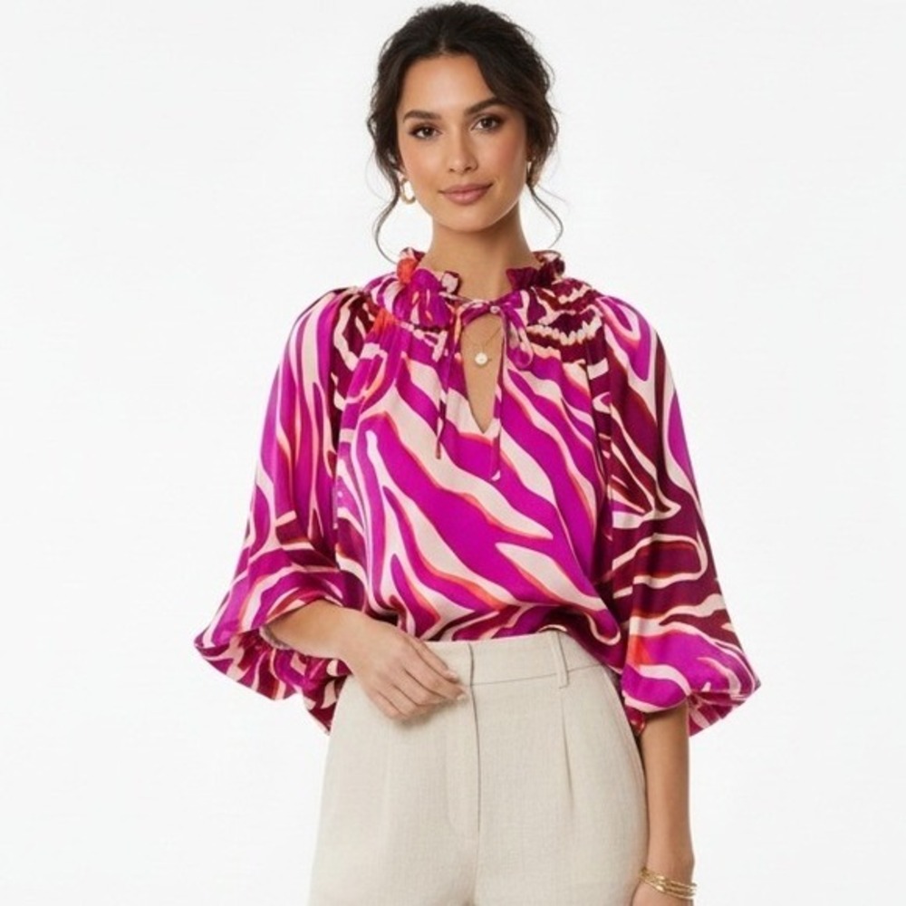 BIBI‎ Womens Purple White Satin Zebra Print Peasant Top Size L Coastal Old Money